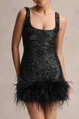 Rosalinda | Black Sequin Square-Neck Mini Dress With Feather Trim