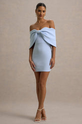 Sadie | Powder Blue Bow Bardot Mini Dress