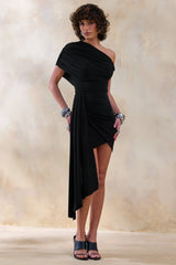 Dalina | Black Asymmetric-Neck Mini Dress With Sash-Detail