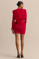 Ajana | Red Plunge-Neck Wrapped Mini Dress