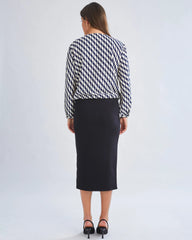 Ashley Geometric Wave-Print V-Neck Long-Sleeve Blouse