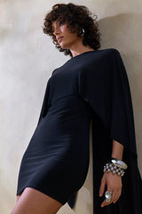 Prislia | Black Round-Neck Mini Dress With Cape
