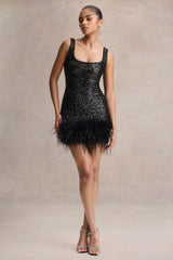 Rosalinda | Black Sequin Square-Neck Mini Dress With Feather Trim