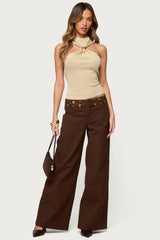 Mixed Grommet Low Rise Wide Leg Jeans