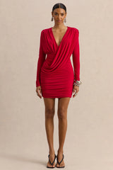 Ajana | Red Plunge-Neck Wrapped Mini Dress