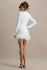 Claudia | White Sequin Crew-Neck Feather Hem Mini Dress With Long Sleeves