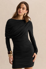 Anavine | Black Round-Neck Mini Dress With Long-Sleeves And Draped-Detailing