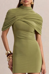 Perdi | Olive Bodycon Mini Dress With Twisted Cape