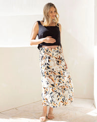 Ellie Maternity Shirred Maxi Skirt in Orange Leaf