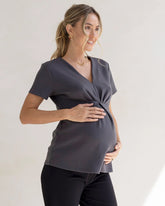 Sabine Soft Ponte Maternity V-Neck Work Top in Slate Grey