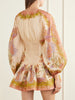 Indra gathered floral-print metallic cotton and silk-blend chartreuse mini dress