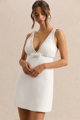 Amely | White Embellished Plunge-Neck Mini Dress With Bow-Detail