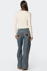 Leopard Heart Low Rise Baggy Jeans