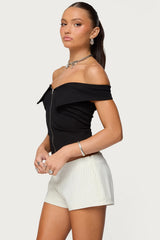 Collared Off Shoulder Zip Up Top