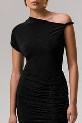 Marci | Black Asymmetric Ruched Mini Dress With Sash