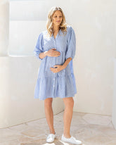 Freya Maternity Tiered Linen Shirt Dress In Stripe