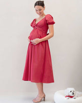 Fabia Reversible Tie Maternity Cotton Dress In Noel Red
