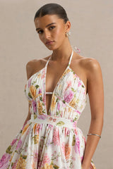 Kasey | Cream Floral Print Halter-Neck Mini Dress With Ruffle Detail