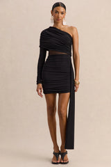 Celara | Black Asymmetric-Neck Mini Dress With Mesh-Detail And Sash