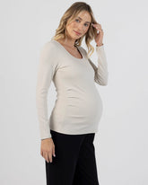 Rib Essential Long Sleeve Maternity Top in Stone