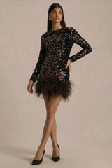 Stardust | Brown Sequined Velvet Crew-Neck Mini Dress With Feather Trim