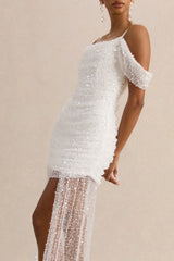 Millie | White Mesh Bardot-Neck Mini Dress With Draped Detailing
