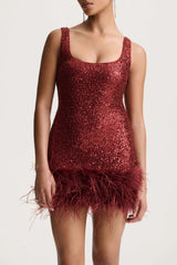 Rosalinda | Burgundy Sequin Square-Neck Mini Dress With Feather Trim