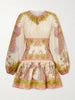 Indra gathered floral-print metallic cotton and silk-blend chartreuse mini dress
