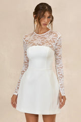 Aerin | White High-Neck Mini Dress With Long-Lace Sleeves