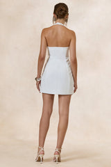 Carlin | White Plunge-Neck Tailored Mini Dress With Button Detailing