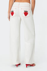 Strawberry Bow Pocket Low Rise Baggy Jeans