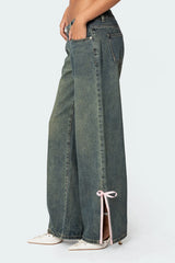 Bow Slitted Vintage Washed Low Rise Baggy Jeans