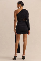 Celara | Black Asymmetric-Neck Mini Dress With Mesh-Detail And Sash