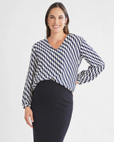 Ashley Geometric Wave-Print V-Neck Long-Sleeve Blouse
