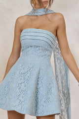 Elvara | Light Blue Lace Bandeau-Neck Mini Dress With Scarf Detail