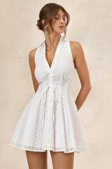 Zyraline | White Broderie Plunge-Neck Mini Dress With Bow-Detail