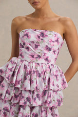 Swirl | Cream Floral Print Bandeau Puffball Mini Dress With Ruffle Detail