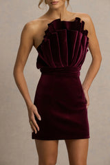 Polly | Burgundy Velvet Ruffled Strapless Mini Dress
