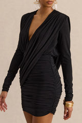 Ajana | Black Plunge-Neck Wrapped Mini Dress