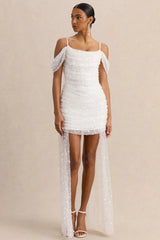 Millie | White Mesh Bardot-Neck Mini Dress With Draped Detailing