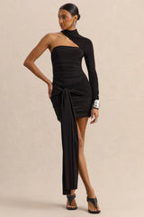 Irissia | Black Asymmetric-Neck Mini Dress With Knot And Sash Detail