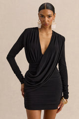 Ajana | Black Plunge-Neck Wrapped Mini Dress