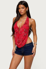 Beaded Chiffon Backless Cowl Neck Top