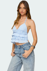 Tiered Ruffle Backless Striped Halter Top