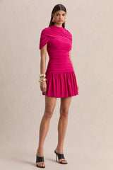Fenella | Hot Pink High-Neck Mini Dress With Cape-Sleeves And Ruched Detailing