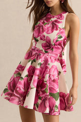 Waverly | Pink Rose Print Racer-Neck Sleeveless Skater Mini Dress