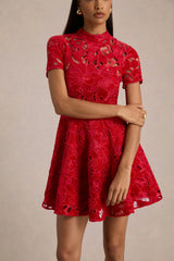 Roam | Red Lace High-Neck Mini Dress