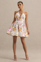 Kasey | Cream Floral Print Halter-Neck Mini Dress With Ruffle Detail