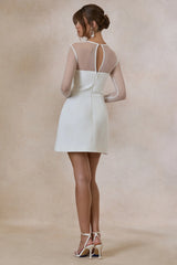 Unveila | White Crew-Neck Mini Dress With Mesh-Detailing