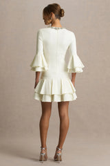 Mirna | Cream Crew Neck Mini Dress With Bell Sleeves And Ruffled Detailing